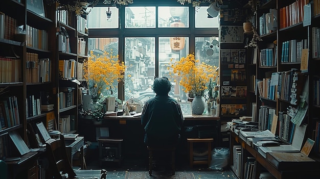 a man sits at a desk in a library with yellow flowers