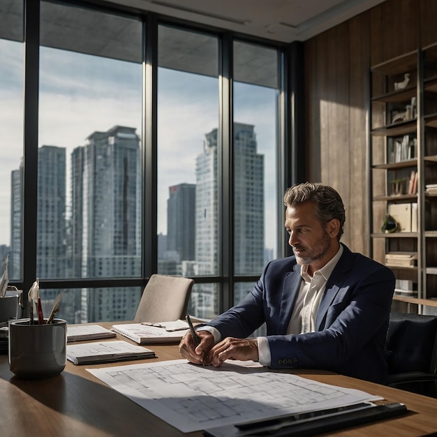 a man sits at a desk in a office with a large window behind him