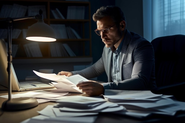 A man sits at a desk reading a document.