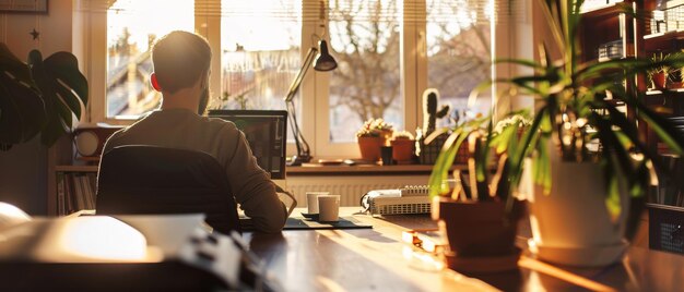 Photo a man sits at a desk in a sunlit office immersed in work surrounded by potted plants and a blend of natural and artificial light