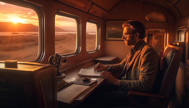 A man sits at a desk in a train car looking out at a sunset.