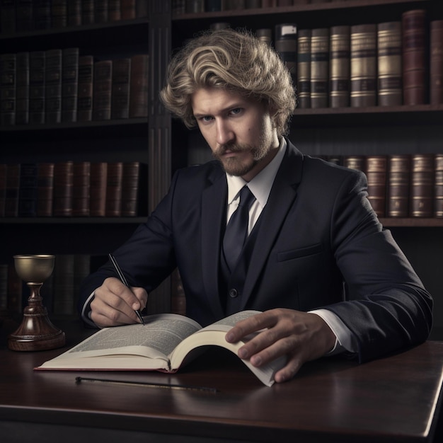 A man sits at a desk with a book in front of him.