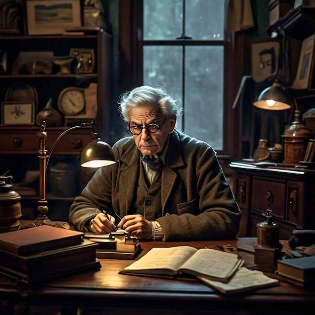 a man sits at a desk with a book in his hand