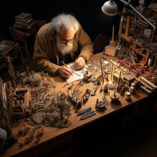 Photo a man sits at a desk with a book titled quot the man is writing quot