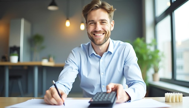 Photo a man sits at a desk with a calculator in front of him