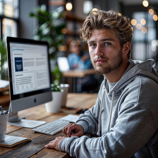 Photo a man sits at a desk with a computer and a blue page on it