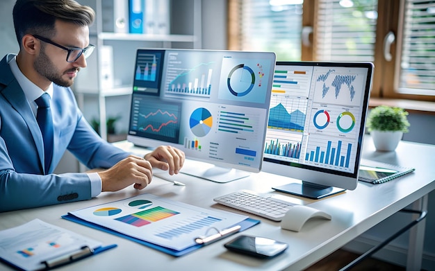 a man sits at a desk with a computer and a graph on it