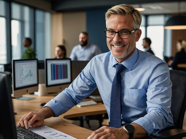 Photo a man sits at a desk with a computer and a graph on it