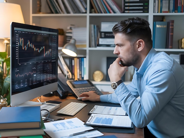 Photo a man sits at a desk with a computer and a graph showing on the screen