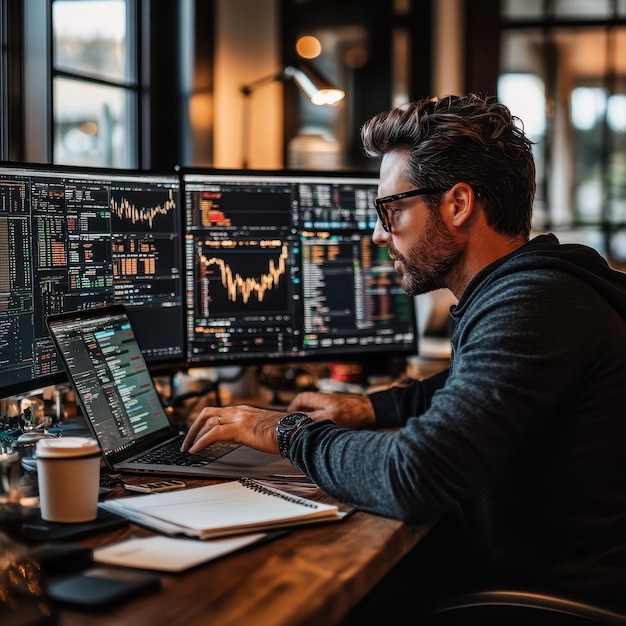 a man sits at a desk with a computer and a graph showing the time of 10  00