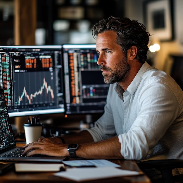 a man sits at a desk with a computer and a graph showing the time of 11  00