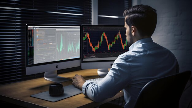 a man sits at a desk with a computer and a graph showing the time of 11  30