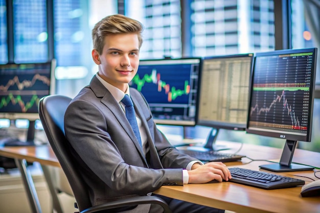 Photo a man sits at a desk with a computer and a graph on the wall behind him