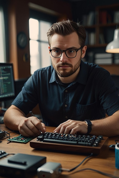 Photo a man sits at a desk with a computer keyboard and a monitor behind him