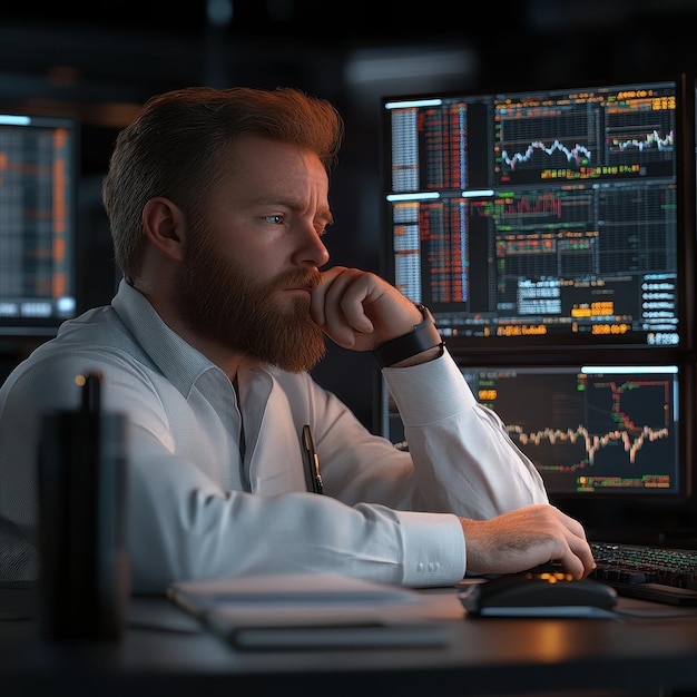 a man sits at a desk with a computer and a lot of data on the screen