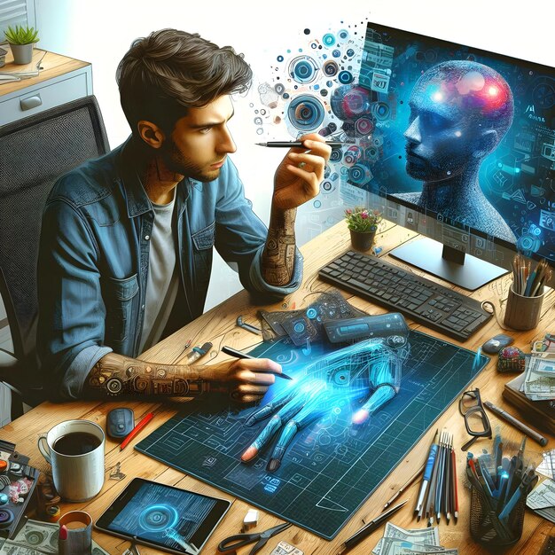 a man sits at a desk with a computer monitor and a man smoking a cigarette