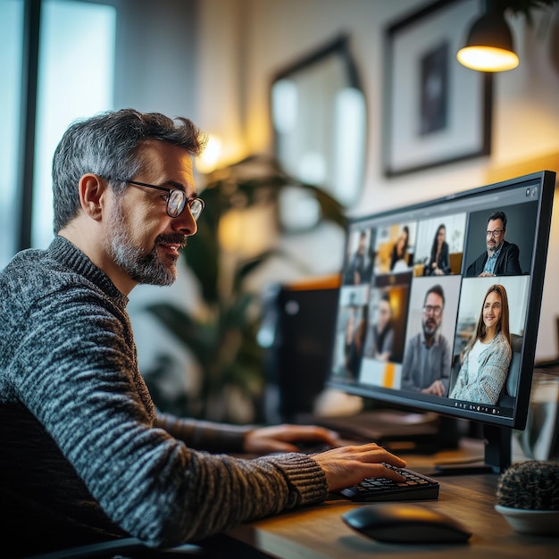 a man sits at a desk with a computer monitor showing a group of people