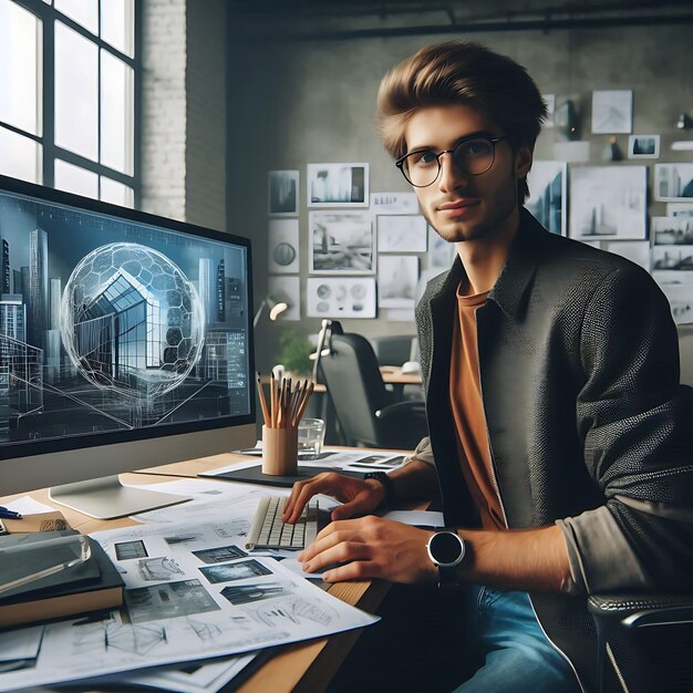 a man sits at a desk with a computer and a monitor showing a man sitting at his desk