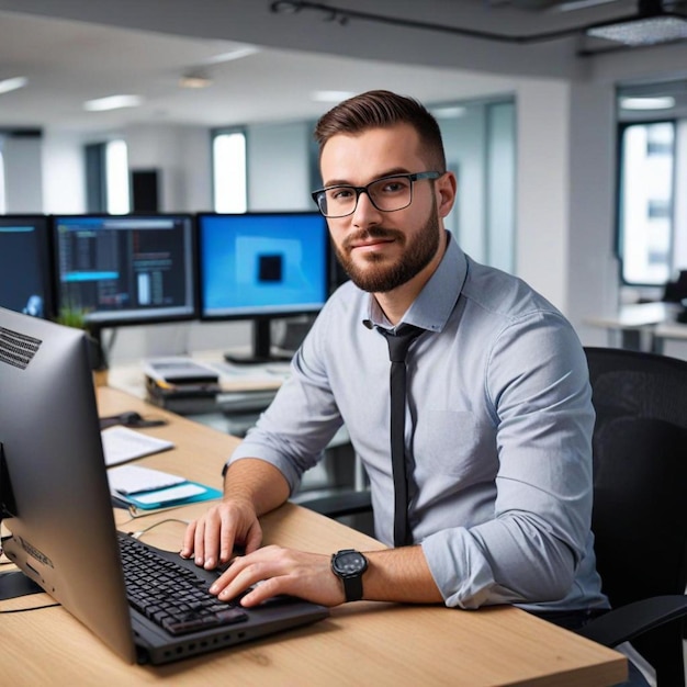 a man sits at a desk with a computer and a monitor showing a man with glasses