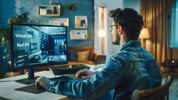 a man sits at a desk with a computer monitor showing a man working on his computer