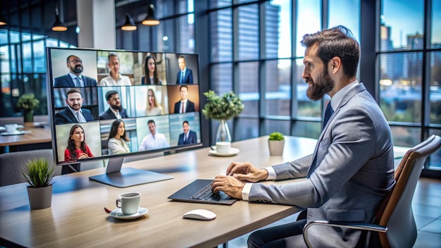 a man sits at a desk with a computer and a monitor showing the same image