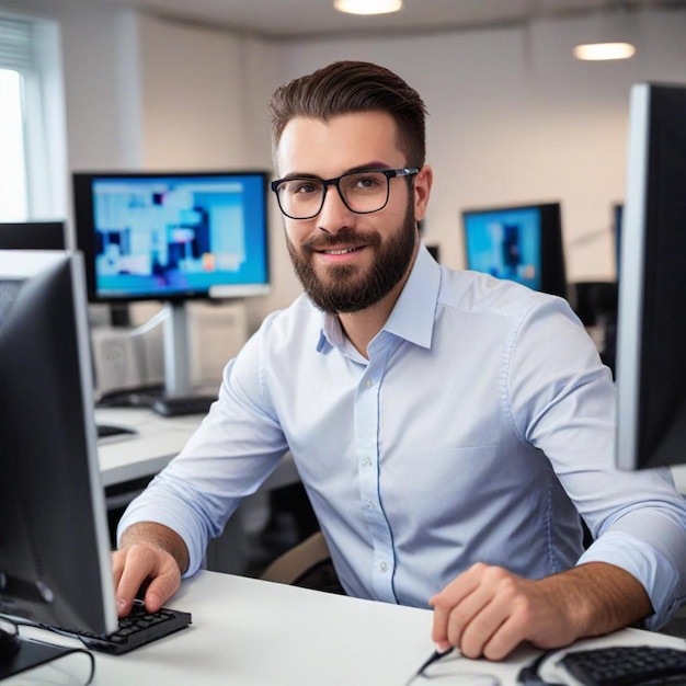 a man sits at a desk with a computer and a monitor showing the word at the top