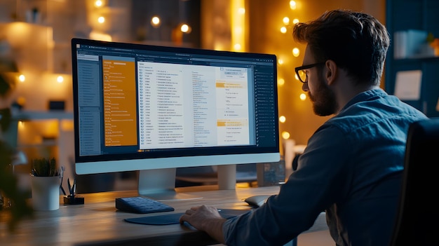 a man sits at a desk with a computer monitor and a text message on it