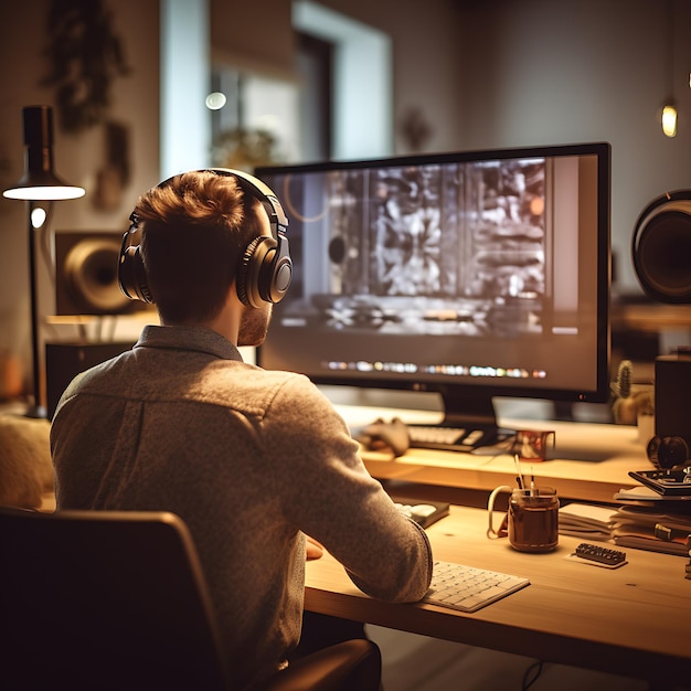 A man sits at a desk with a computer monitor that says'game'on it