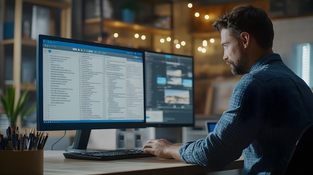 a man sits at a desk with a computer monitor that says  the word  on it