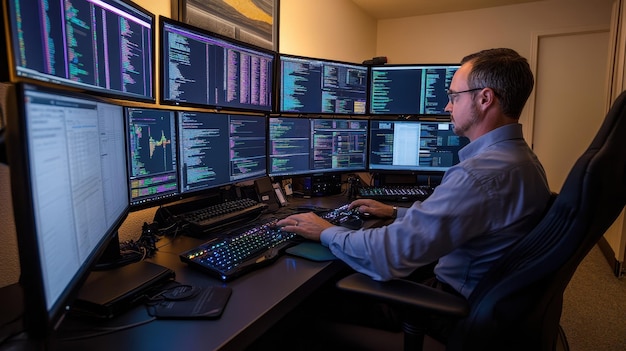 a man sits at a desk with a computer and a monitor with the word data on it