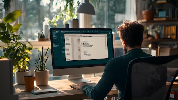 a man sits at a desk with a computer and a plant in the background