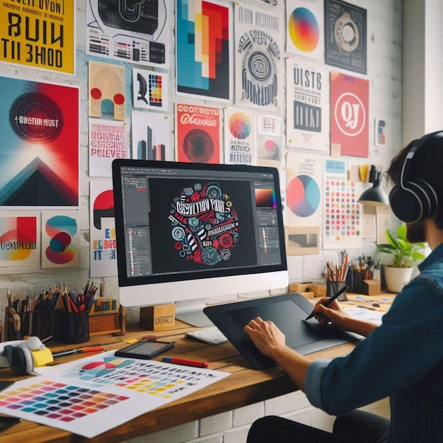 a man sits at a desk with a computer and a poster of the word dope on it