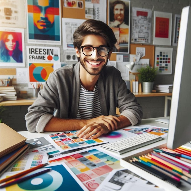 a man sits at a desk with a computer and a poster of the word im a