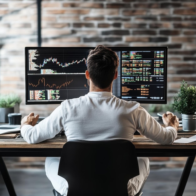 Photo a man sits at a desk with a computer screen showing a graph that says  financial growth