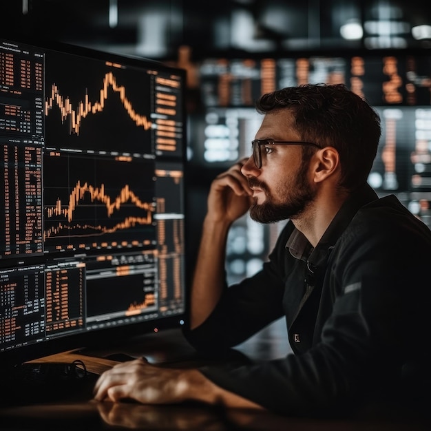 a man sits at a desk with a computer screen showing a graph that says  financial statistics