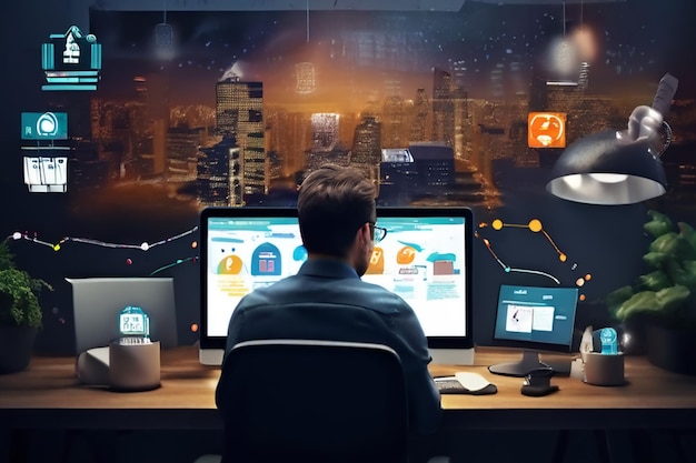 a man sits at a desk with a computer screen that says quot technology quot