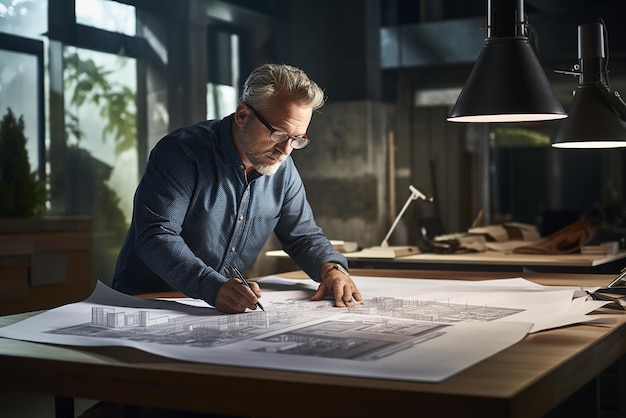 a man sits at a desk with a drawing of a building and a lamp