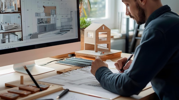 a man sits at a desk with a drawing of a house on it