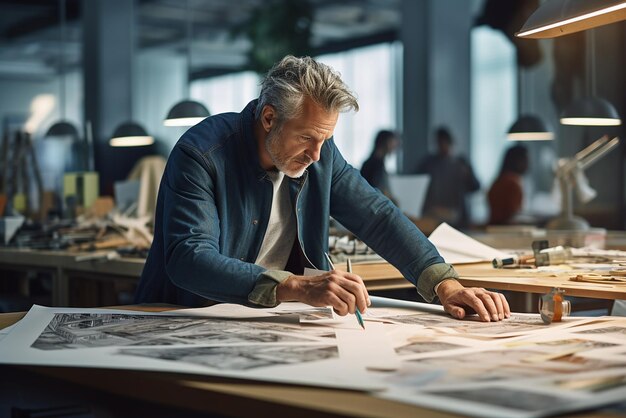 a man sits at a desk with a drawing of a man in a suit and a blue jacket