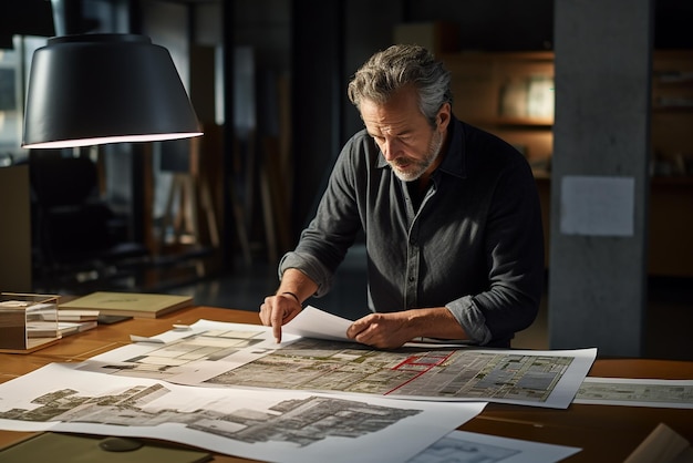 a man sits at a desk with a drawing of a ship and a stack of documents