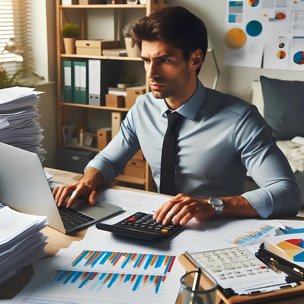 a man sits at a desk with a graph on it and the word graph on it accountant making financial report