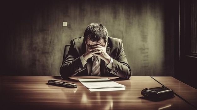 A man sits at a desk with his head down and his hands on his head.