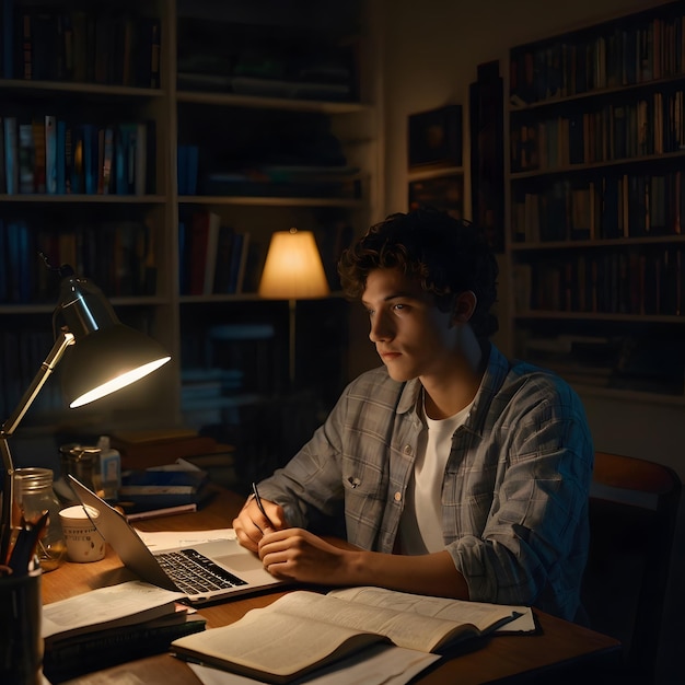 a man sits at a desk with a lamp on it and a lamp on it