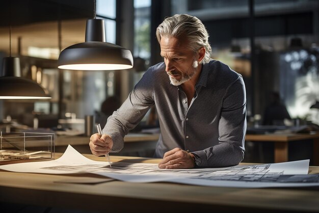 a man sits at a desk with a lamp and a lamp