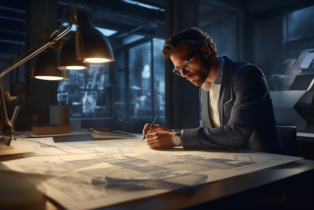 a man sits at a desk with a lamp and a pen in his hand