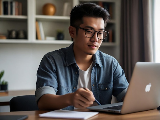 a man sits at a desk with a laptop and a book on his lap top