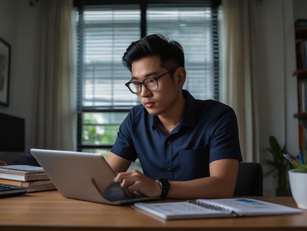 a man sits at a desk with a laptop and a book on his lap