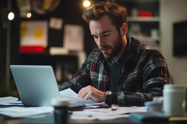 Photo a man sits at a desk with a laptop and a book on his lap