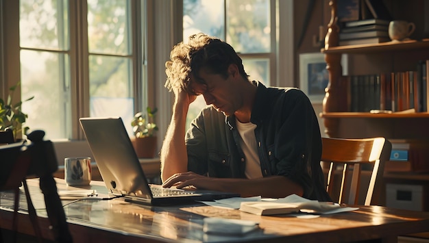 Photo a man sits at a desk with a laptop and a book on his lap