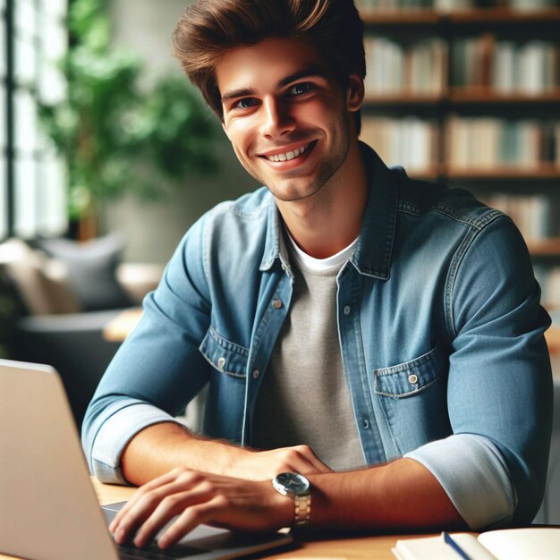 a man sits at a desk with a laptop and a book shelf behind him